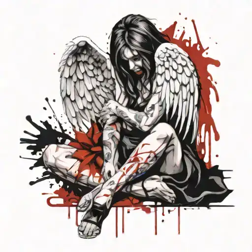 a fallen angel on there knees crying woman tattoo design idea