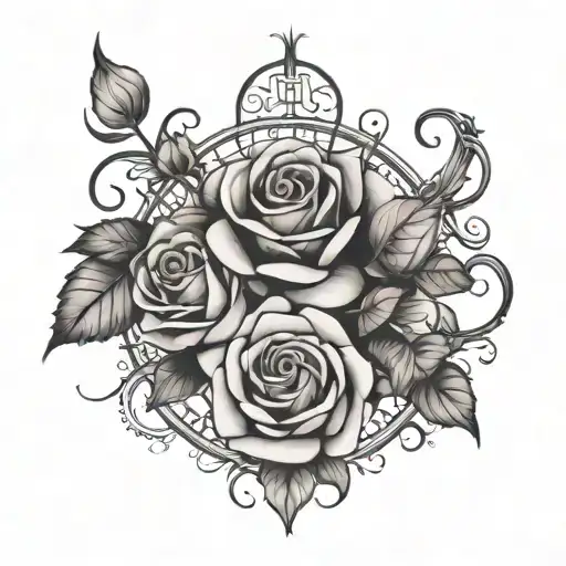 zodiac cancer, 6/21/24 roman numerals, rose flowers, honeysuckle flowers tattoo design idea
