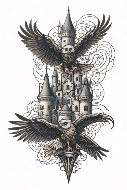 a castle an eagle and an owl  tattoo design idea