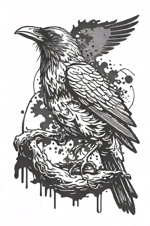 Ink splatter raven perched tattoo design idea