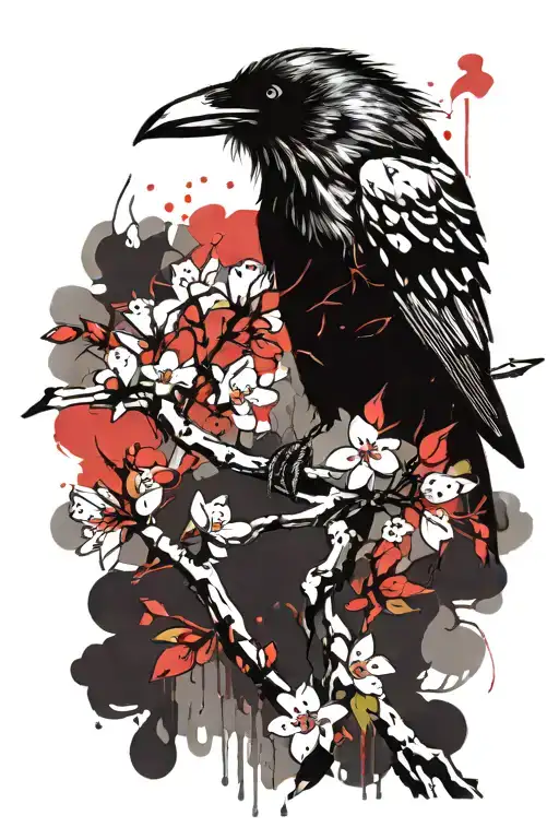 raven perched on cherry blossom branch tattoo design idea