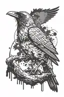Ink splatter raven perched tattoo design idea