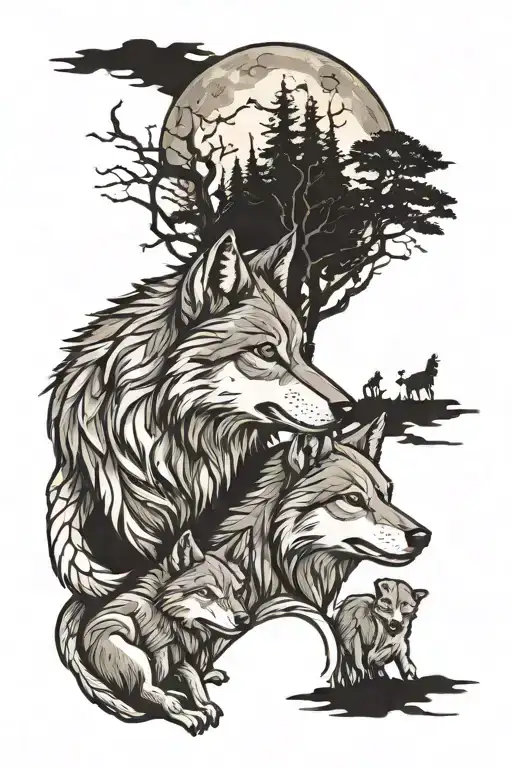 A WOLF AND THREE CUBS IN A FOREST AND THE MOON tattoo design idea