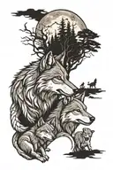 A WOLF AND THREE CUBS IN A FOREST AND THE MOON tattoo design idea