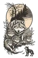 A WOLF AND THREE CUBS IN A FOREST AND THE MOON tattoo design idea