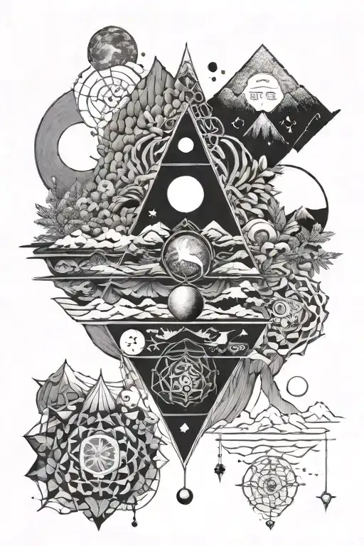 seven chakras originating from mountains with meadows with intertwining phases of moon in a vertical style tattoo design idea