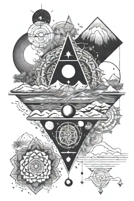 seven chakras originating from mountains with meadows with intertwining phases of moon in a vertical style tattoo design idea