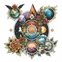 seven chakras with mountains, meadows and all phases of moon placed perfectly tattoo design idea