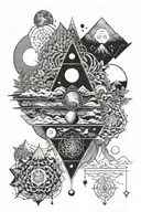 seven chakras originating from mountains with meadows with intertwining phases of moon in a vertical style tattoo design idea