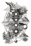 seven chakras originating from mountains with meadows with intertwining phases of moon in a vertical style tattoo design idea