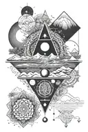 seven chakras originating from mountains with meadows with intertwining phases of moon in a vertical style tattoo design idea