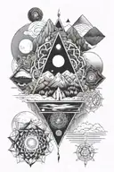 seven chakras originating from mountains with meadows with intertwining phases of moon in a vertical style tattoo design idea