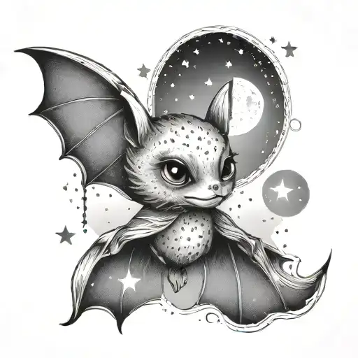 feminine cute bat moon stars tattoo design idea