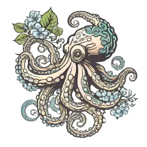 octopus with vintage plant and mushrooms tattoo design idea