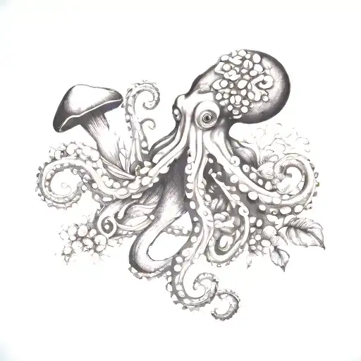 octopus with vintage plant and mushrooms tattoo design idea