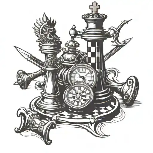 Crossing swords the Chess Pieces over a clock tattoo design idea