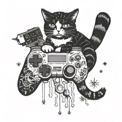A tattoo design featuring a cat playing a video game controller, surrounded by snowflakes and skyscrapers tattoo design idea