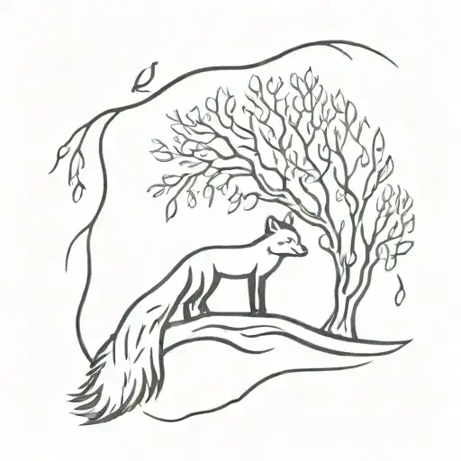 fox with weeping willow tree tattoo design idea