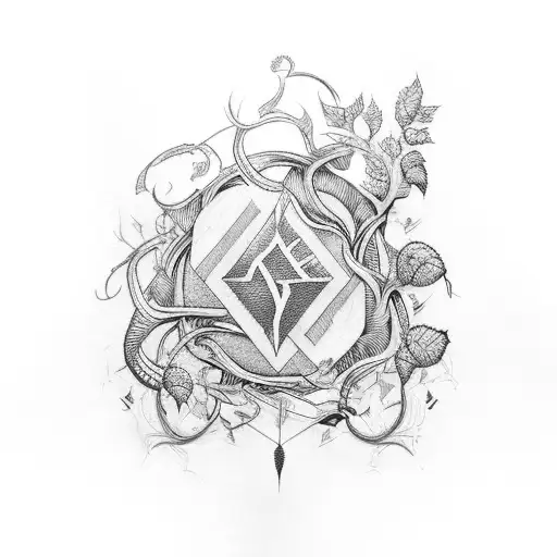 patchwork sleeve with vines, and vertical word "selfish" tattoo design idea