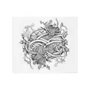 patchwork sleeve with vines, and vertical word "selfish" tattoo design idea