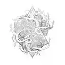 patchwork sleeve with vines, and vertical word "selfish" tattoo design idea