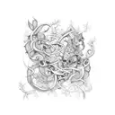 patchwork sleeve with vines, and vertical word "selfish" tattoo design idea