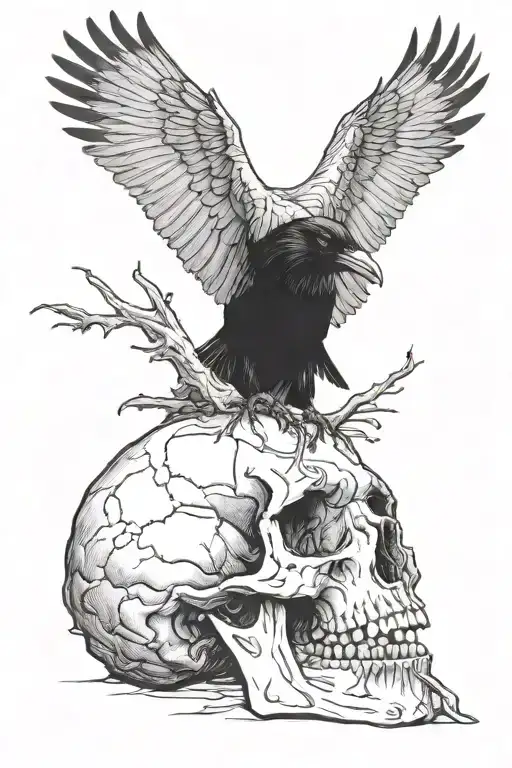 Raven picking worm out of a skull tattoo design idea