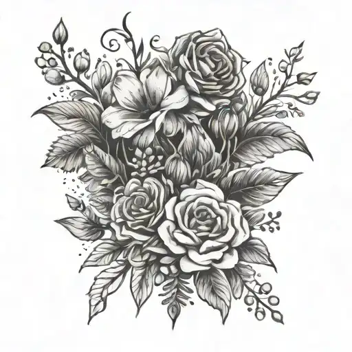A tattoo of a beautiful floral arrangement with hidden elements from The Last of Us video game, combining the client's favorite things tattoo design idea