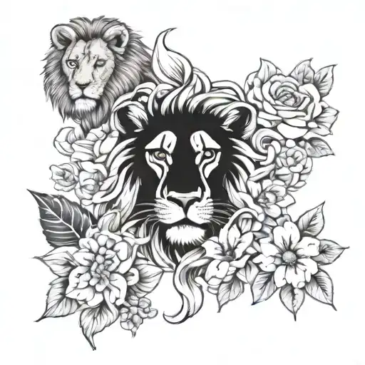 Lion face and Monkey and Lone wolf with Birth flowers of August; November; October and April surrounding them  tattoo design idea