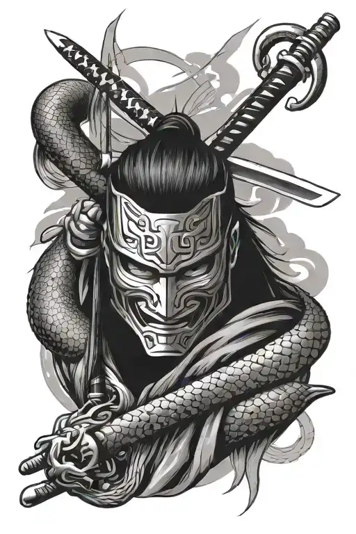 katana with japanese warrior mask and snakes wrapped tattoo design idea