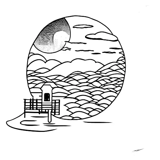 lake with moon reflection and docks on horizon tattoo design idea