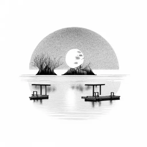 lake with moon reflection and docks on horizon tattoo design idea