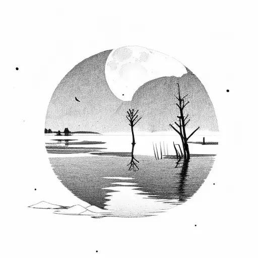 narrow lake with moon reflection  tattoo design idea