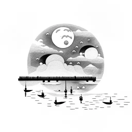 lake with moon reflection and docks on horizon tattoo design idea