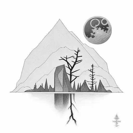 long narrow lake with moon reflecting on it tattoo design idea