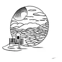 lake with moon reflection and docks on horizon tattoo design idea