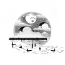 lake with moon reflection and docks on horizon tattoo design idea
