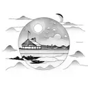 lake with moon reflection and docks on horizon tattoo design idea
