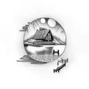 lake with moon reflection and docks on horizon tattoo design idea