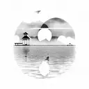 lake with moon reflection and docks on horizon tattoo design idea