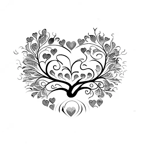 A colorful tree of life in th shape of a heart with 3 birds flying away tattoo design idea
