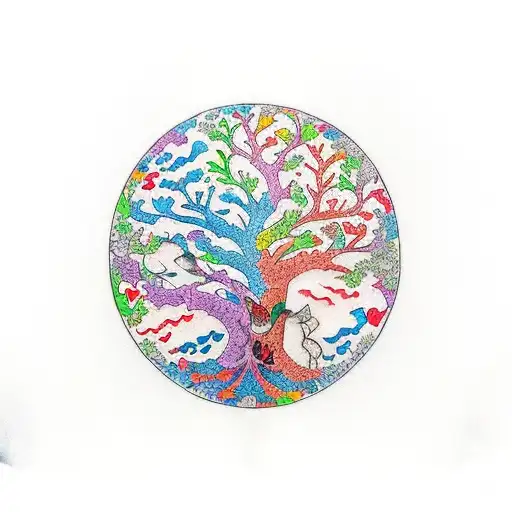 A colorful tree of life in th shape of a heart with musical notes as leaves and 3 birds flying away tattoo design idea