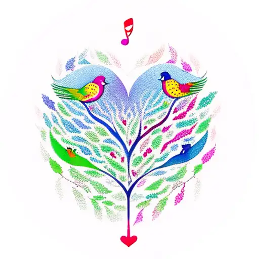 A colorful tree of life in th shape of a heart with musical notes as leaves and 3 birds flying away tattoo design idea