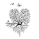 A colorful tree of life in th shape of a heart with 3 birds flying away tattoo design idea