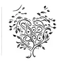 A colorful tree of life in th shape of a heart with 3 birds flying away tattoo design idea