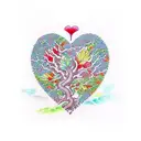 A colorful tree of life in th shape of a heart with musical notes as leaves and 3 birds flying away tattoo design idea