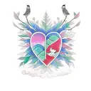 A colorful tree of life in th shape of a heart with musical notes as leaves and 3 birds flying away tattoo design idea