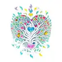 A colorful tree of life in th shape of a heart with musical notes as leaves and 3 birds flying away tattoo design idea