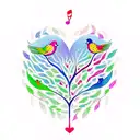 A colorful tree of life in th shape of a heart with musical notes as leaves and 3 birds flying away tattoo design idea