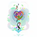 A colorful tree of life in th shape of a heart with musical notes as leaves and 3 birds flying away tattoo design idea